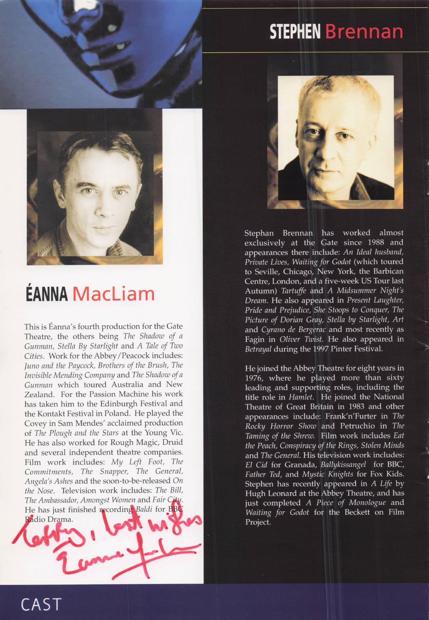 Eanna MacLiam Mick Hughes Hand Signed Photo Irish Theatre Page