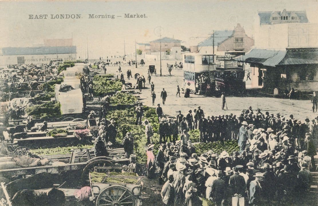 East London Morning Market Amazing Rare Antique Tram Postcard