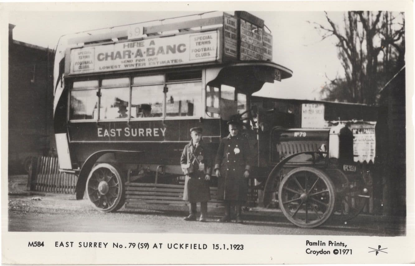 East Surrey Char-A-Banc Advertising Uckfield Bus Tram Driver Postcard