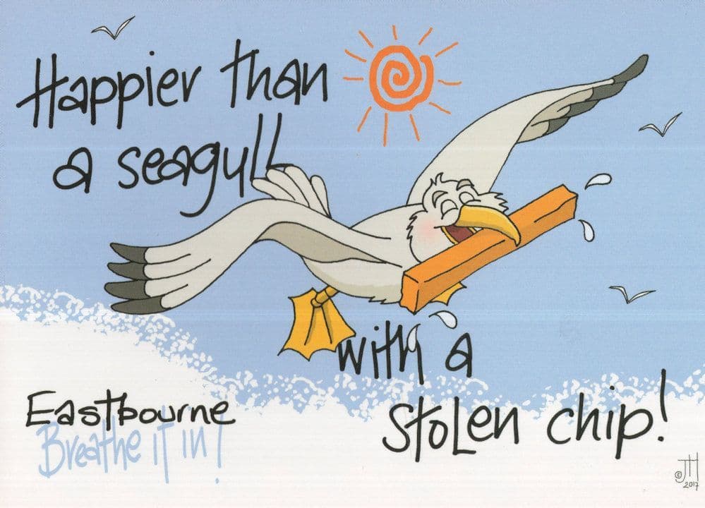 Eastbourne Bird Steals Fish & Chip Shop Frying Flying Comic Postcard