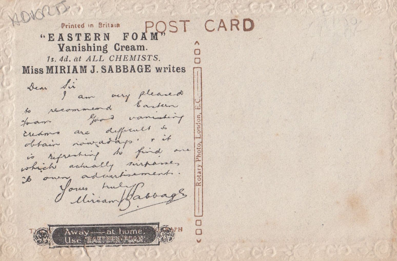 Eastern Foam Beauty Vanishing Cream Miss Miriam Sabbage Advertising Postcard