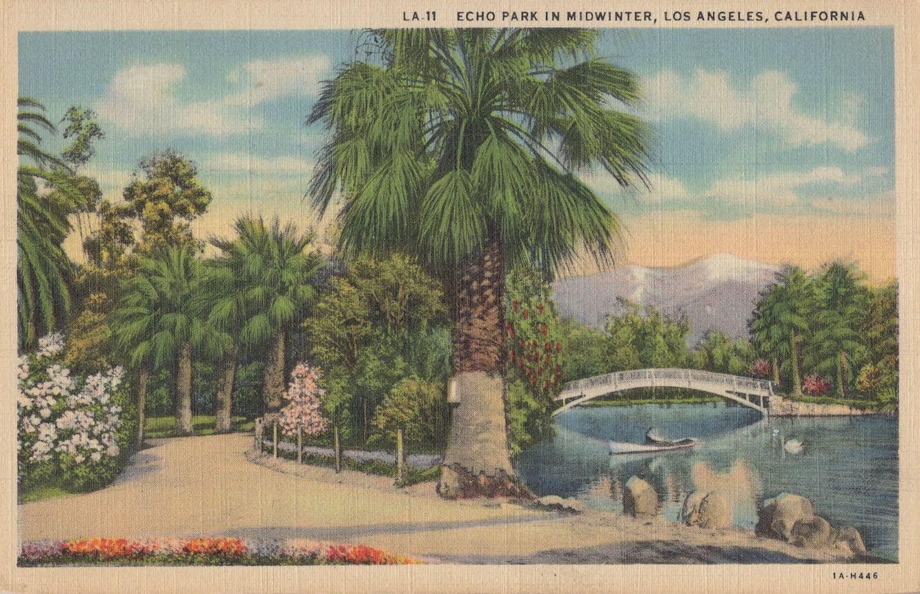 Echo Park Boat in Midwinter Los Angeles California USA Linen Postcard
