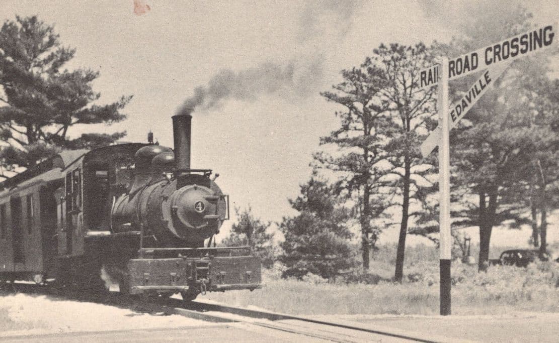 Edaville Railroad Crossing Sign Engine 4 Train at Crossing USA Old Postcard