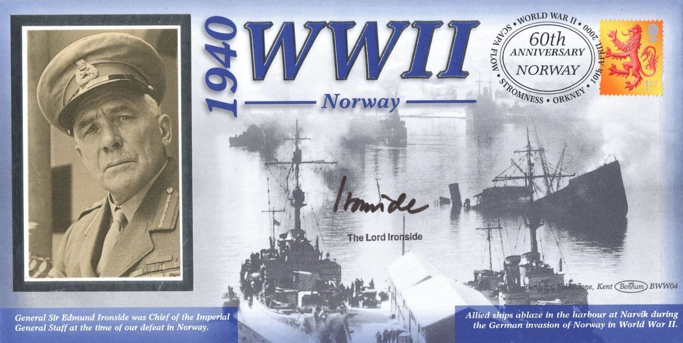 Edmund Ironside Norway Narvik Harbour WW2 Benham Rare Hand Signed Military FDC