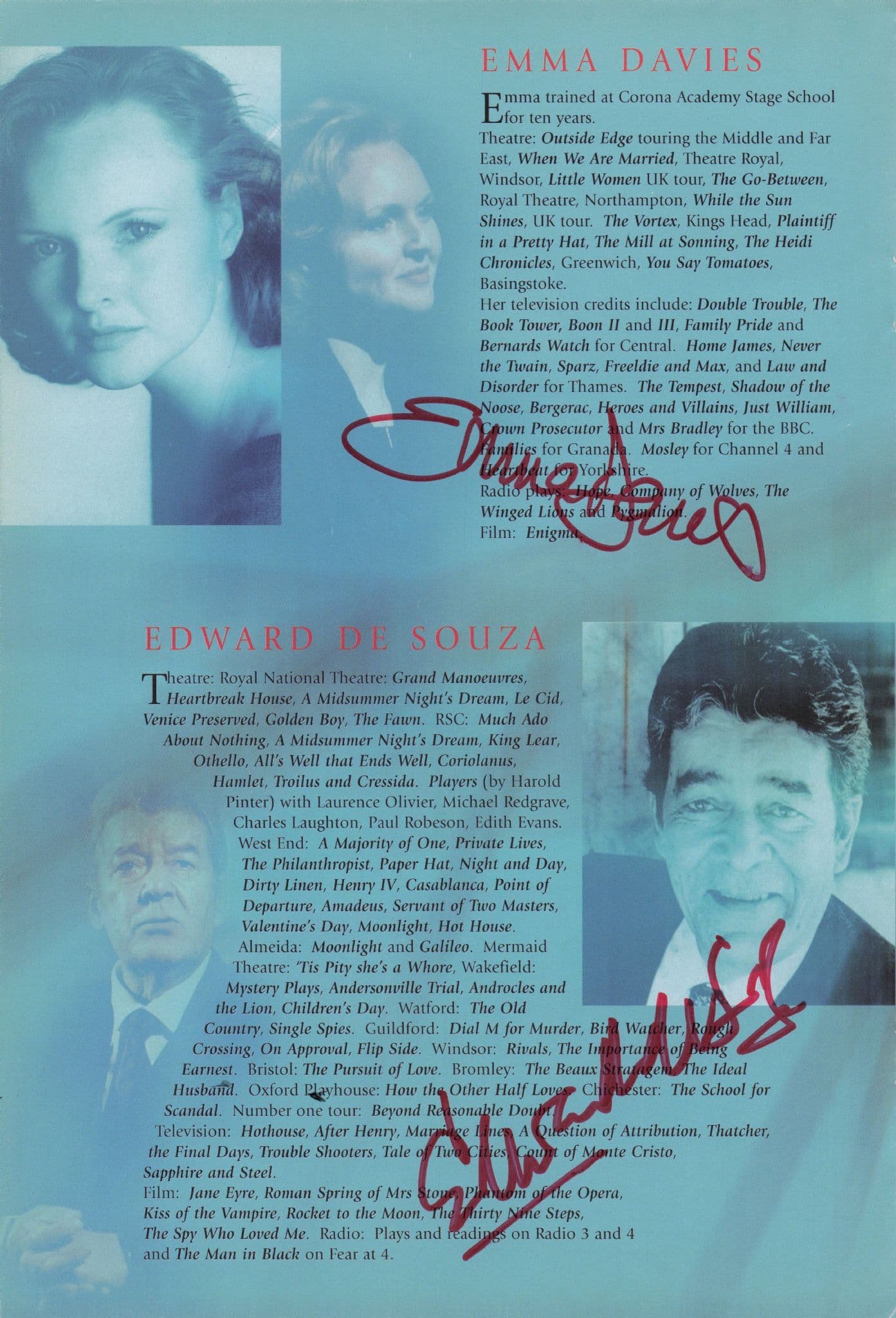Edward De Souza Emma Davies 2x Hand Signed Theatre Page