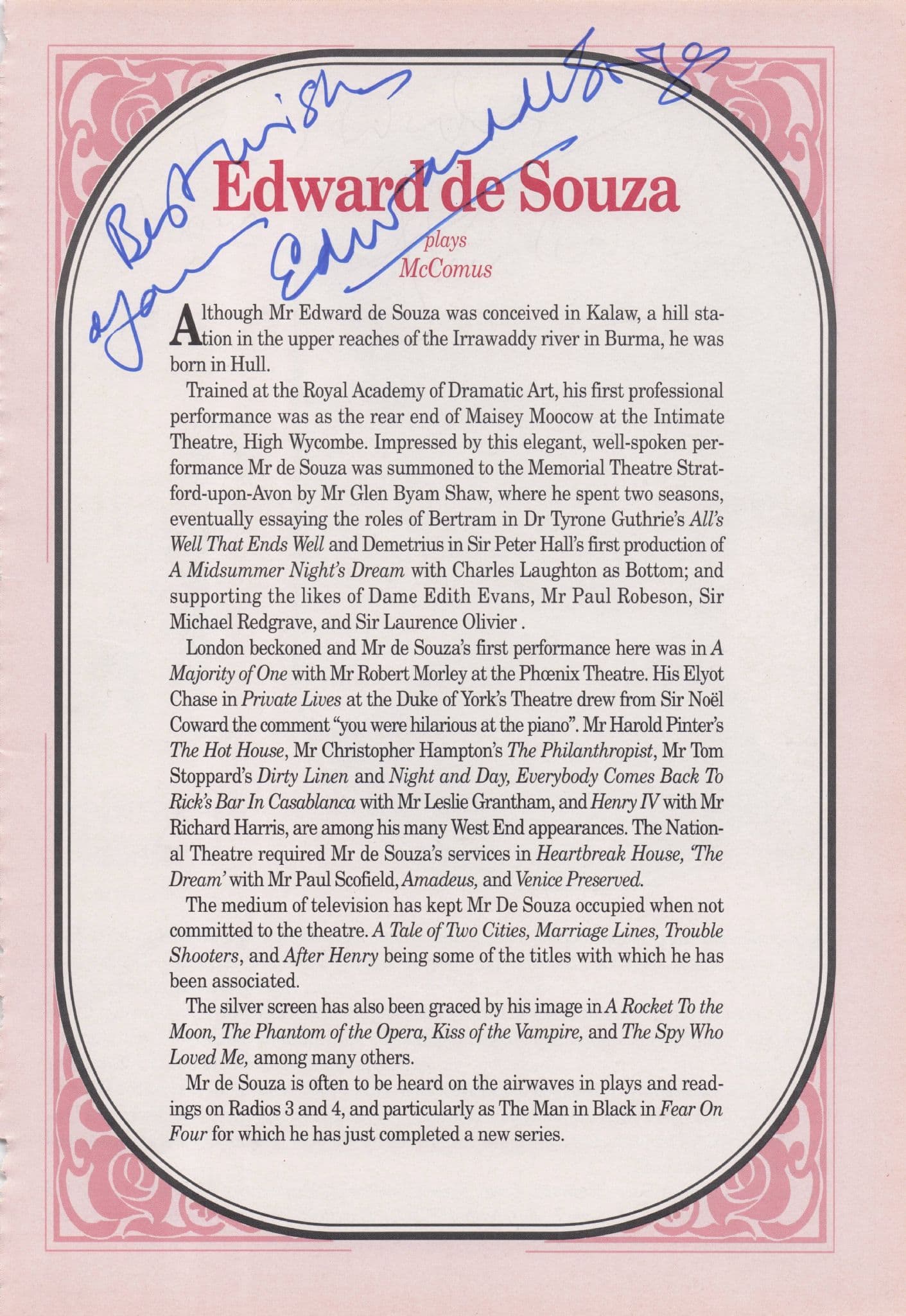 Edward De Souza Hand Signed Theatre Page