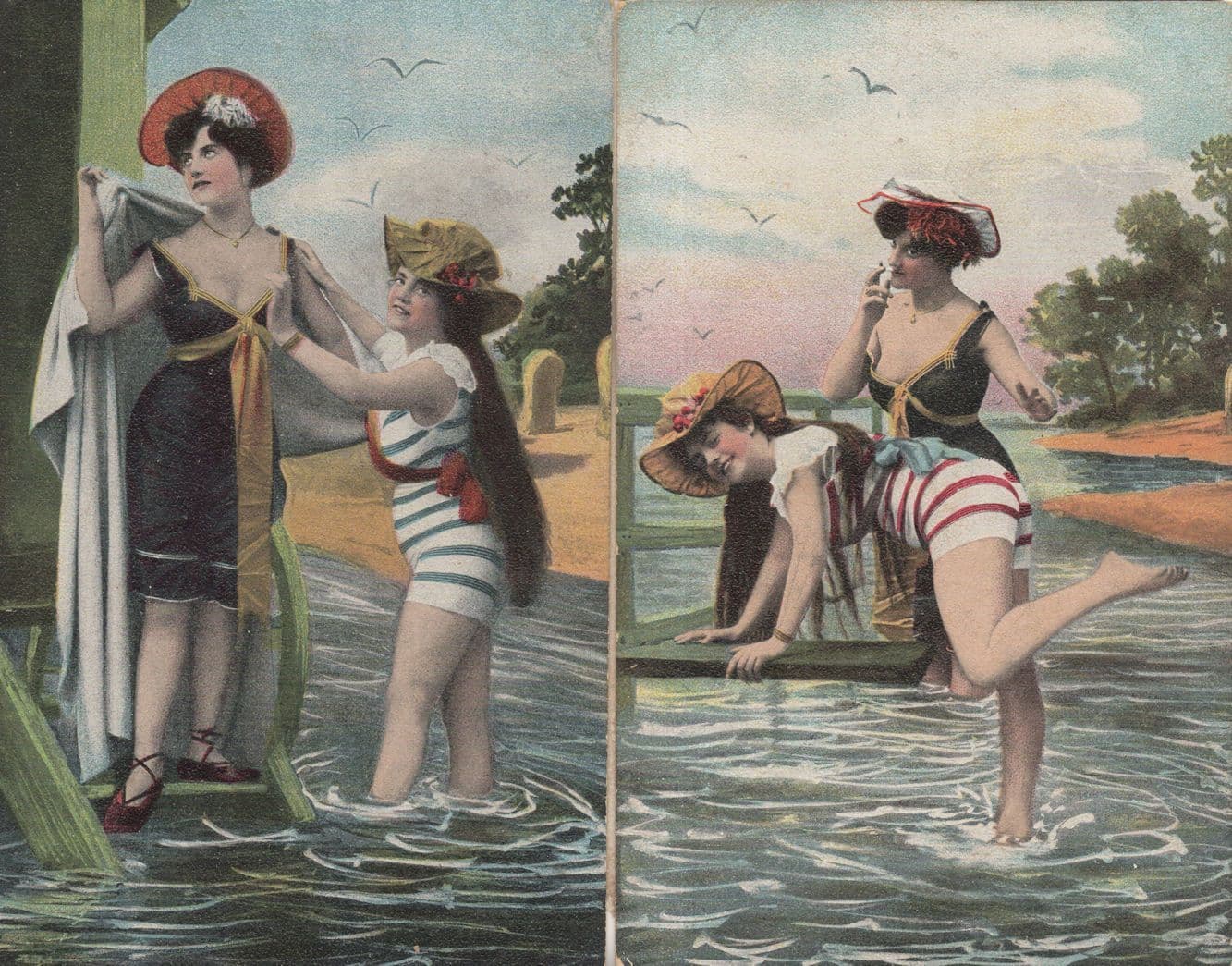 Edwardian Ladies With Attitude Swimming Smoking Old Comic 2x Postcard s