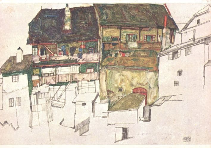 Egon Schiele Alte Hauser In Krumau Austrian Painting Postcard
