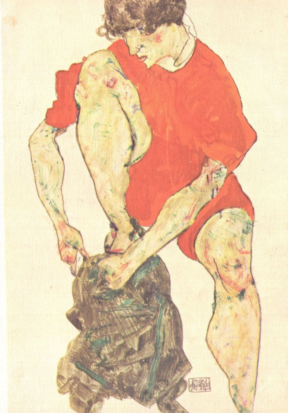 Egon Schiele Frau in Rotem Kleid Painting Postcard
