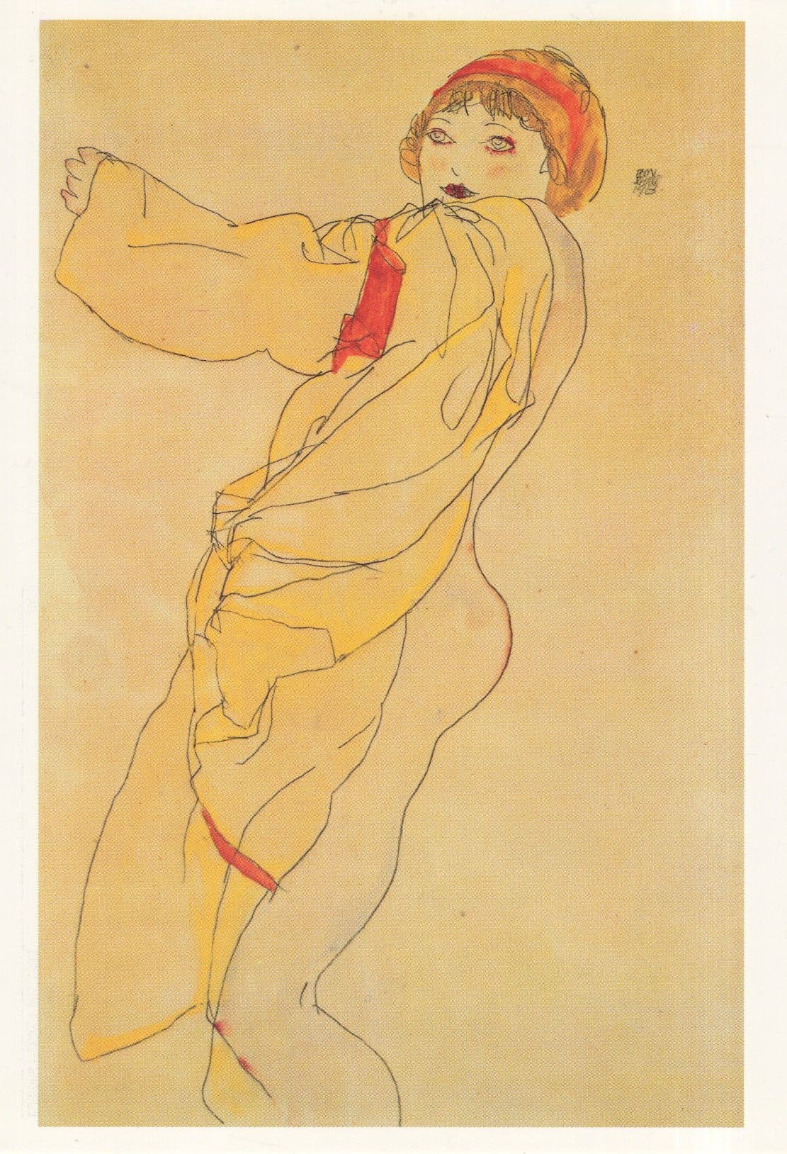 Egon Schiele Yellow Dress and Orange Headband Painting Postcard