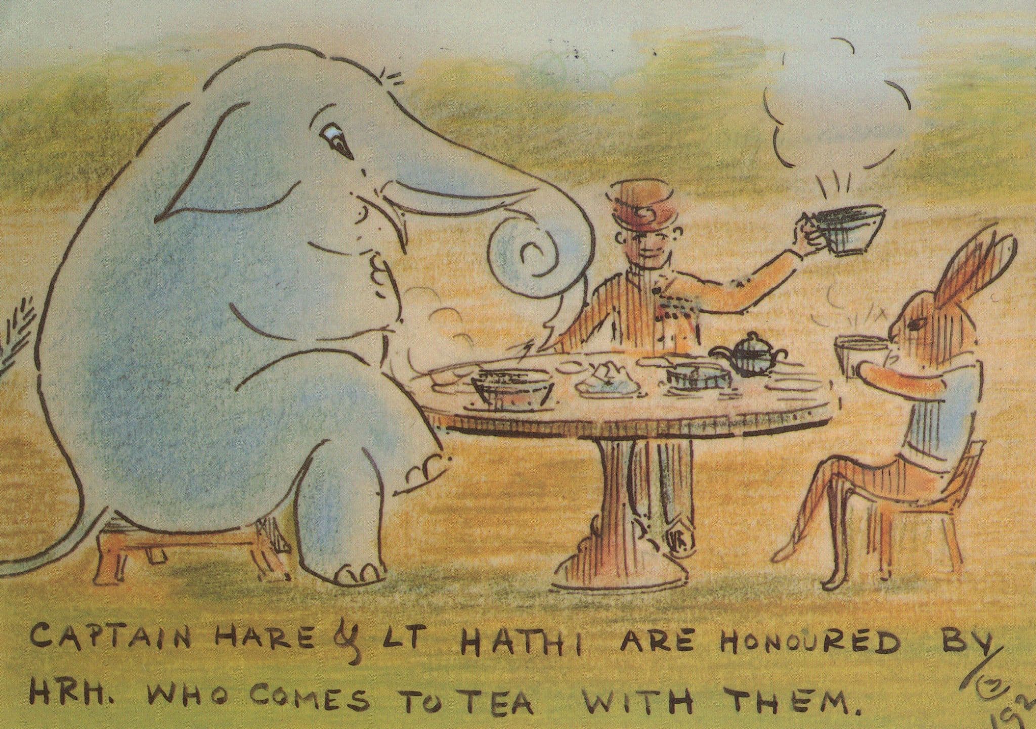 Elephant Drinking Tea With HRH Hare Comic Old Painting Postcard