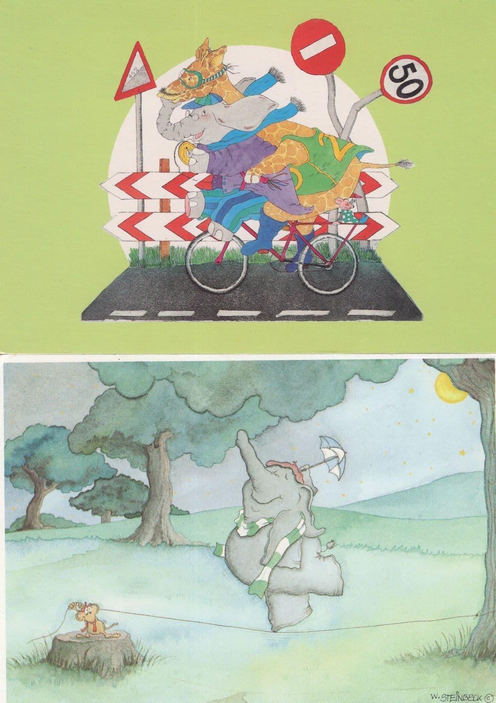 Elephant & Giraffe Cyclist Bicycle 2x Comic Postcard s