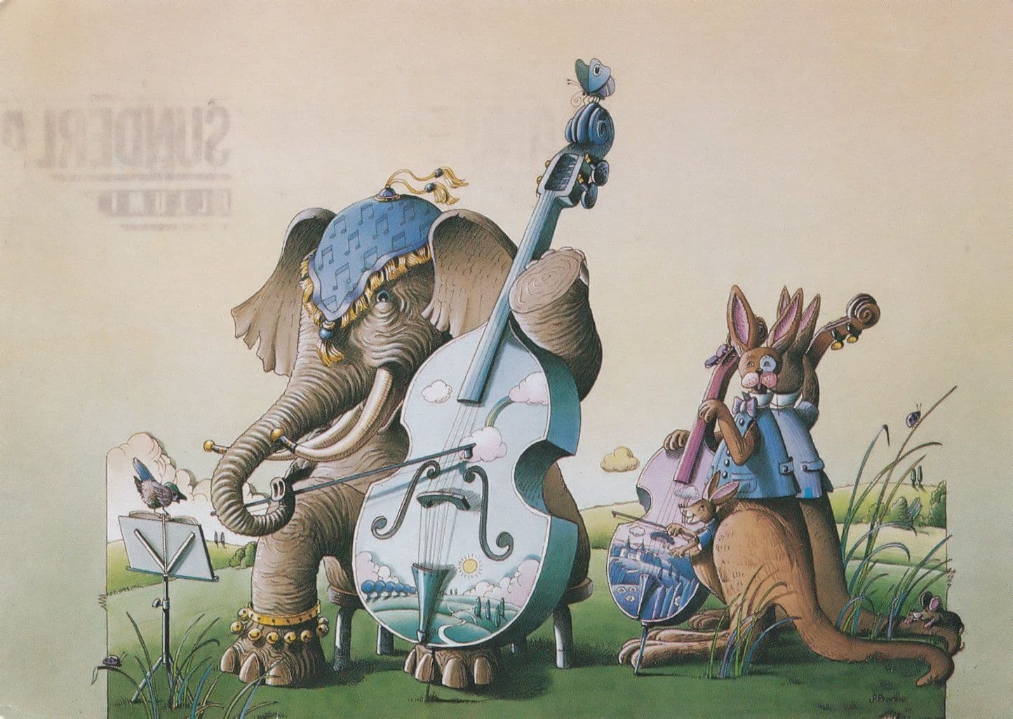 Elephant & Rabbit Playing Contrabass Cello Orchestra UNICEF Postcard