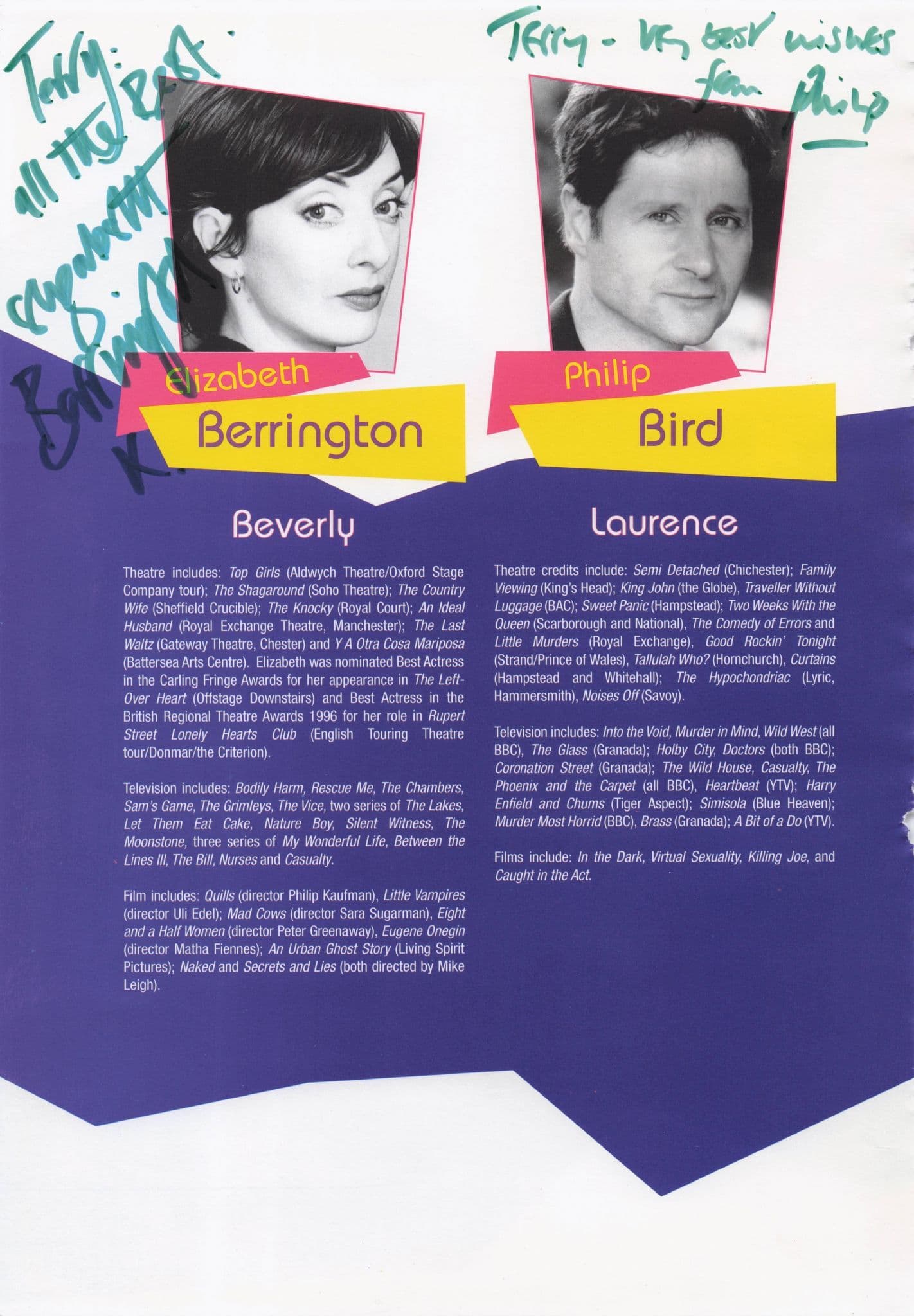 Elizabeth Berrington Waterloo Road Philip Bird Hand Signed Theatre Page