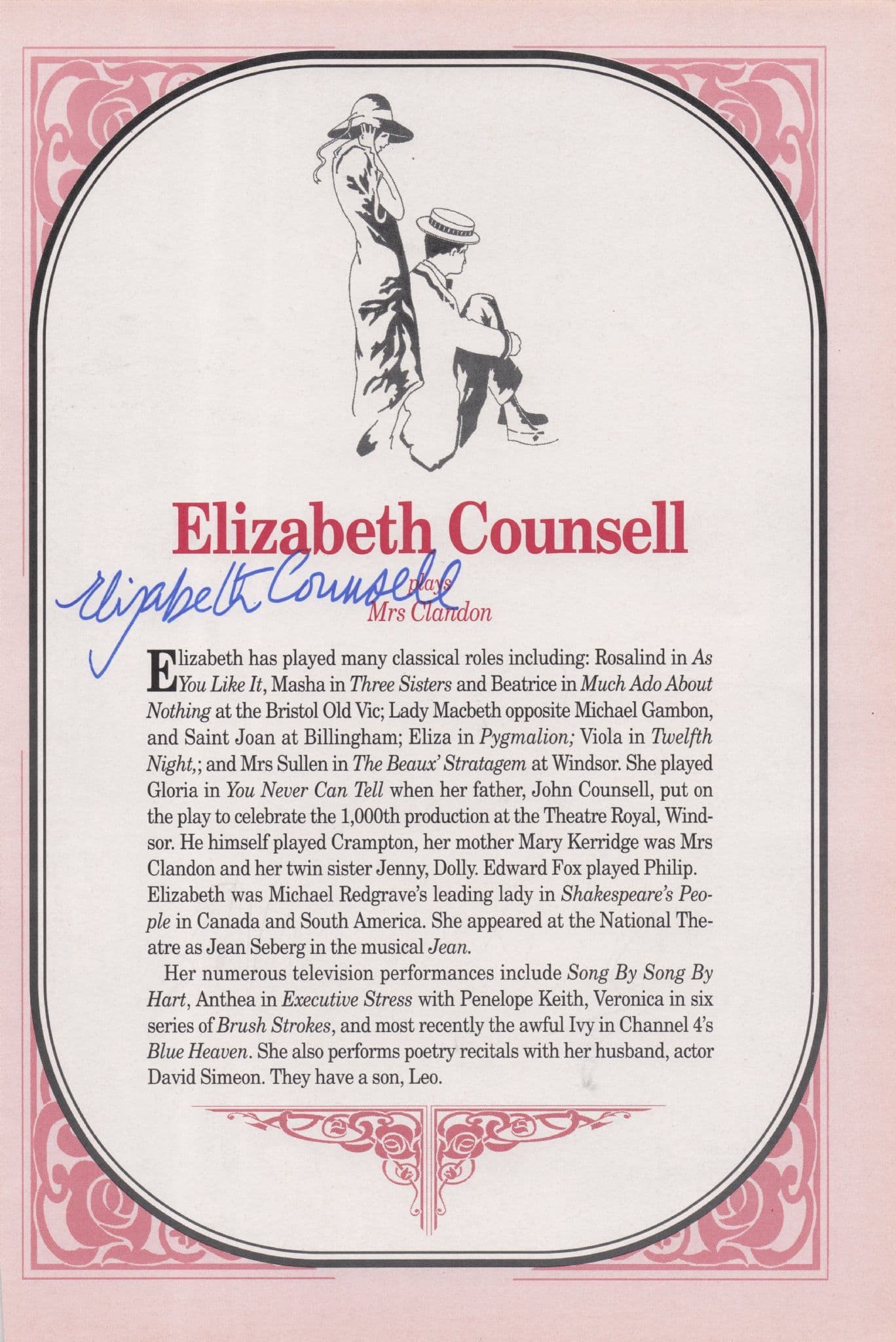 Elizabeth Counsell Brush Strokes Hand Signed Theatre Page