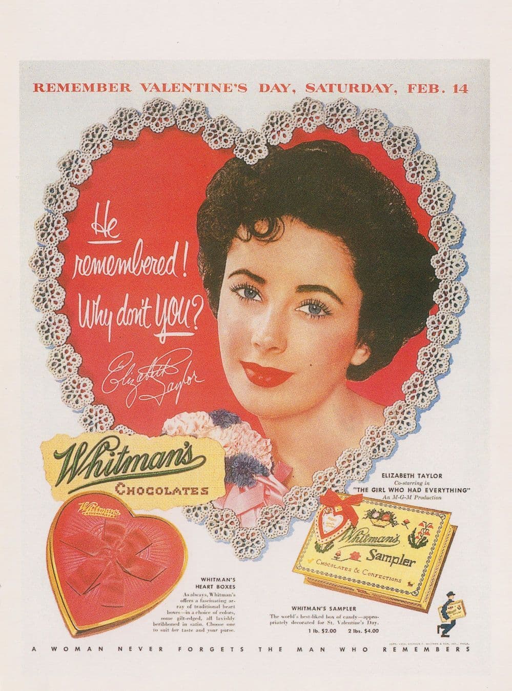 Elizabeth Taylor Whitmans Box Of Chocolates Advertising Postcard
