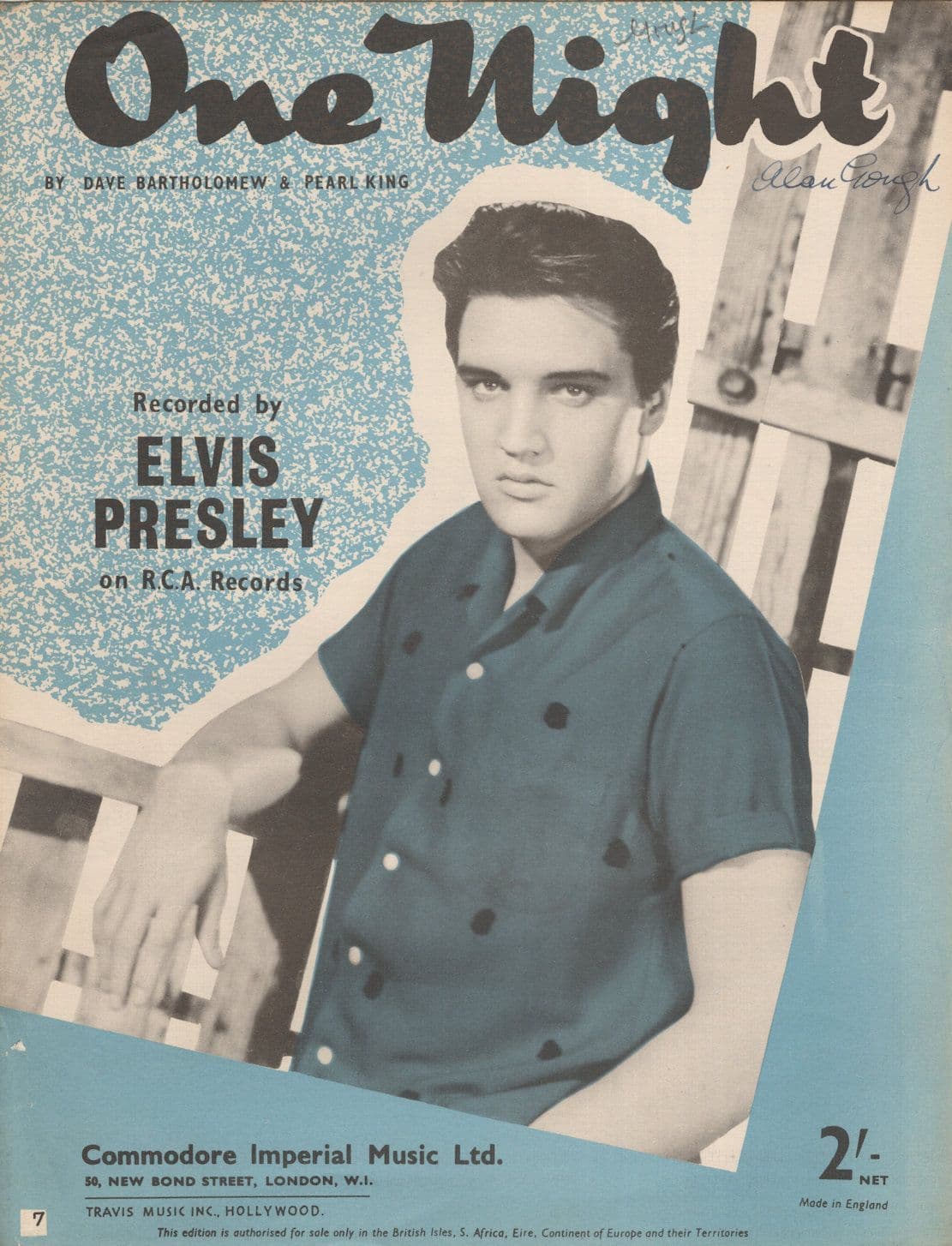 Elvis Presley One Night Commodore RARE UK 1st Edn Sheet Music