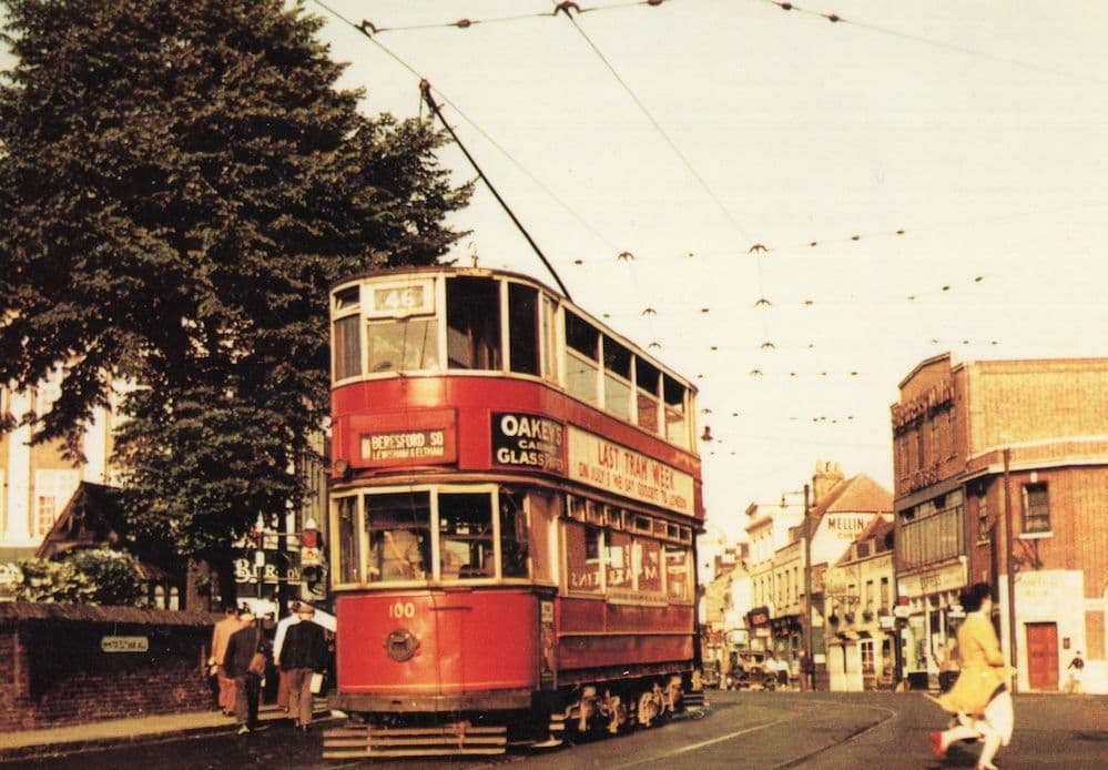 EM 19502 Tram Bus at Erith Church London Transport Postcard