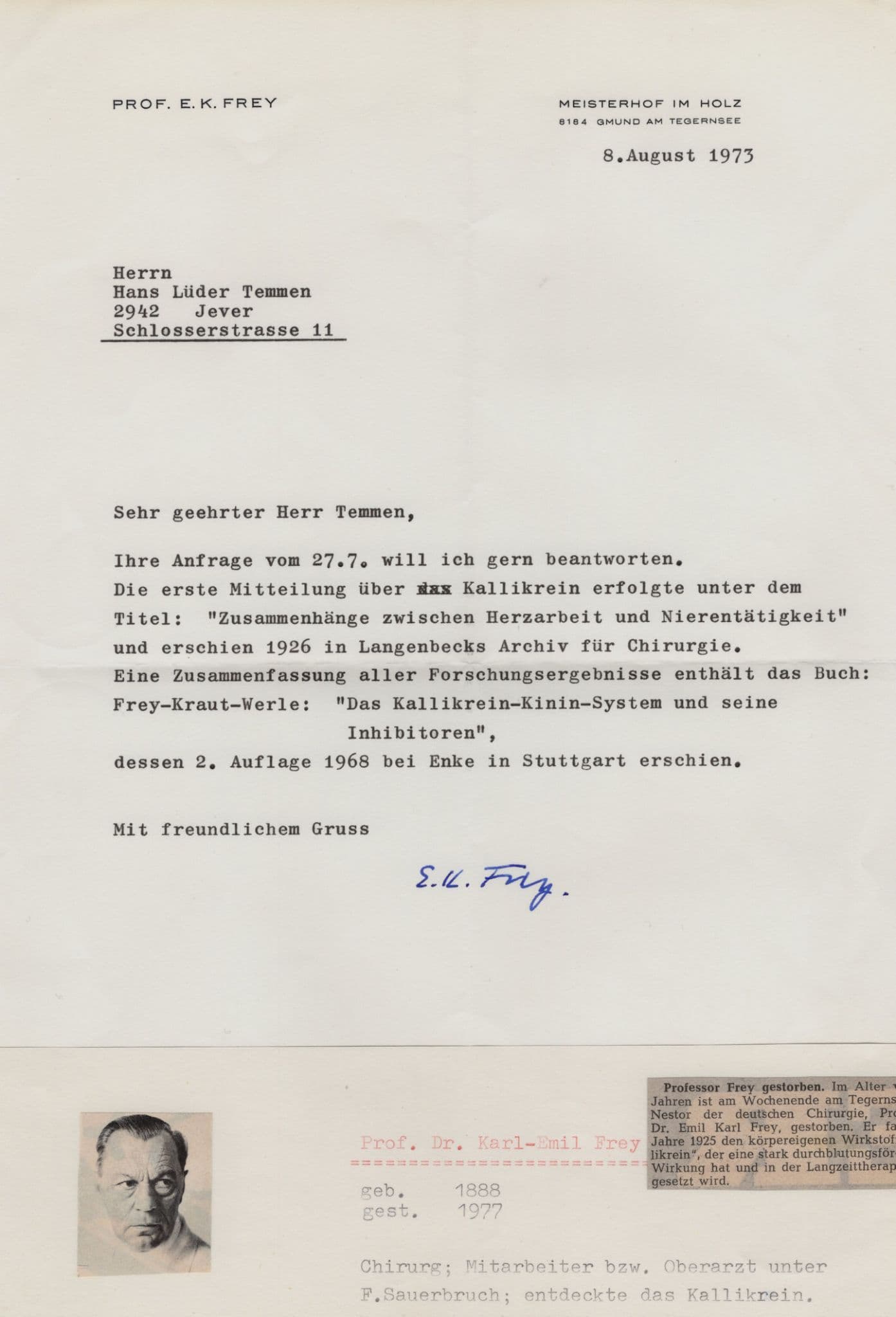 Emil Karl Frey German Lung Surgery Pioneer Hand Signed Letter