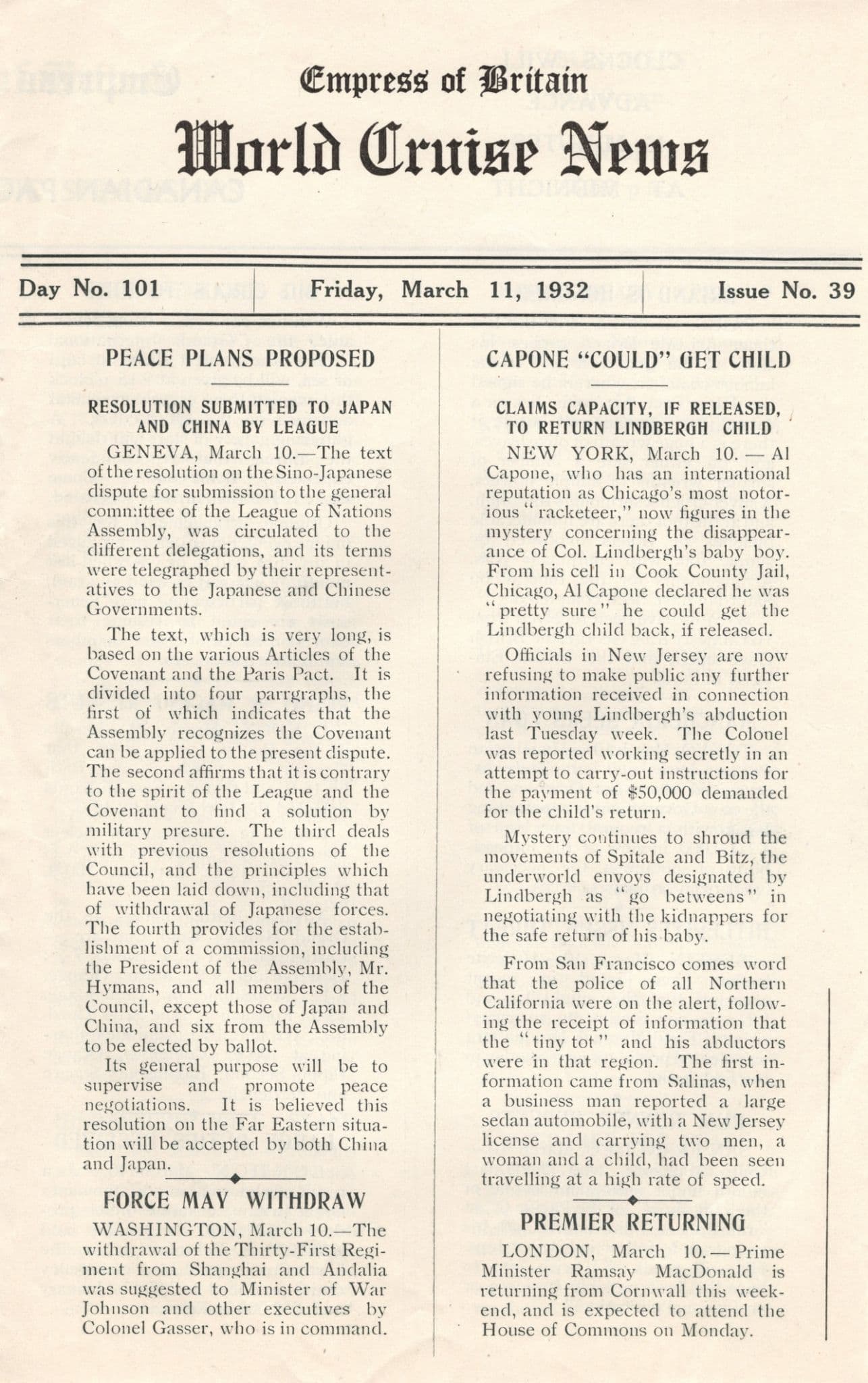 Empress Of Britain Ship 11th March 1932 Old News Guide Al Capone