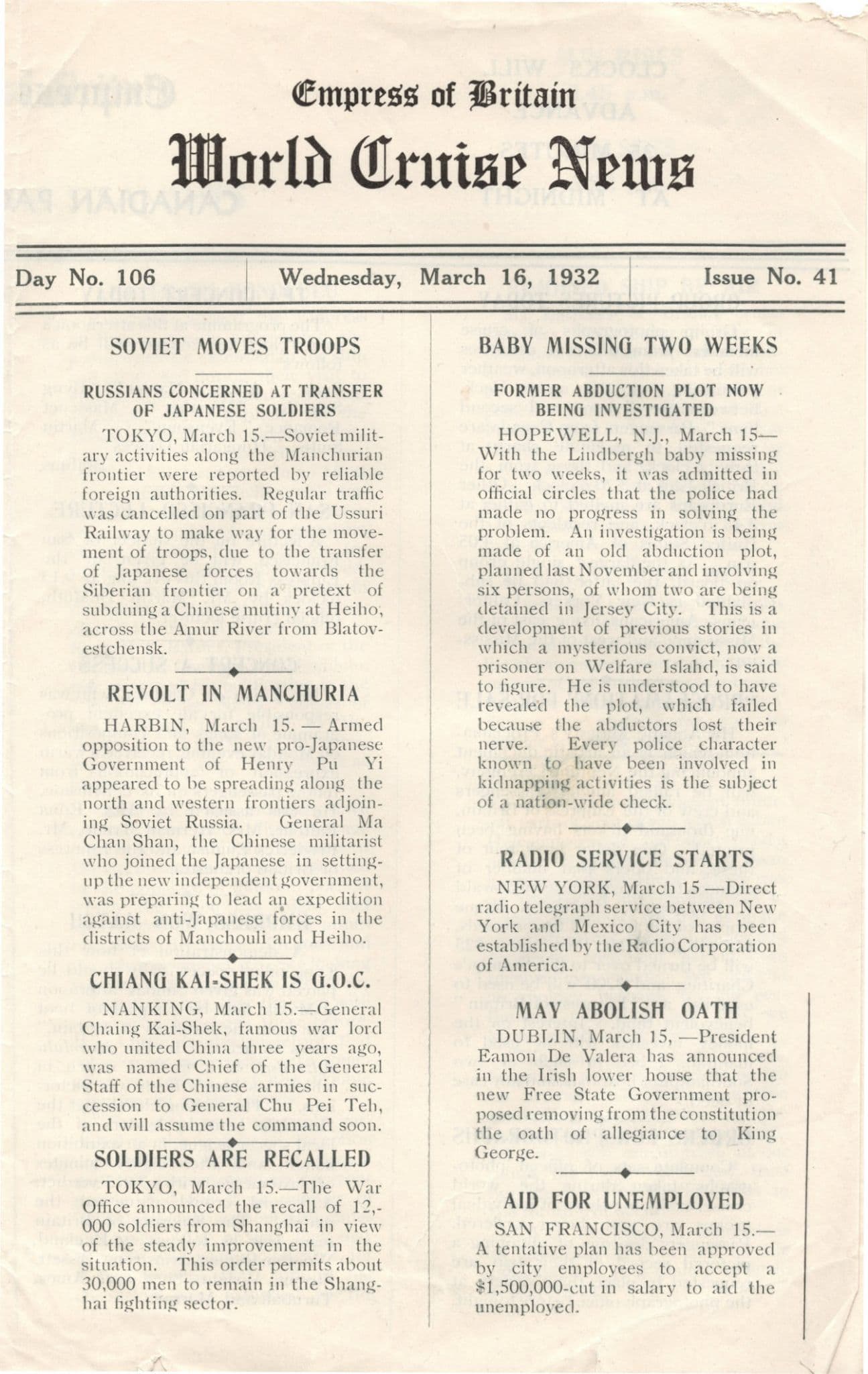 Empress Of Britain Ship 16th March 1932 Old News Guide Manchuria Revolt