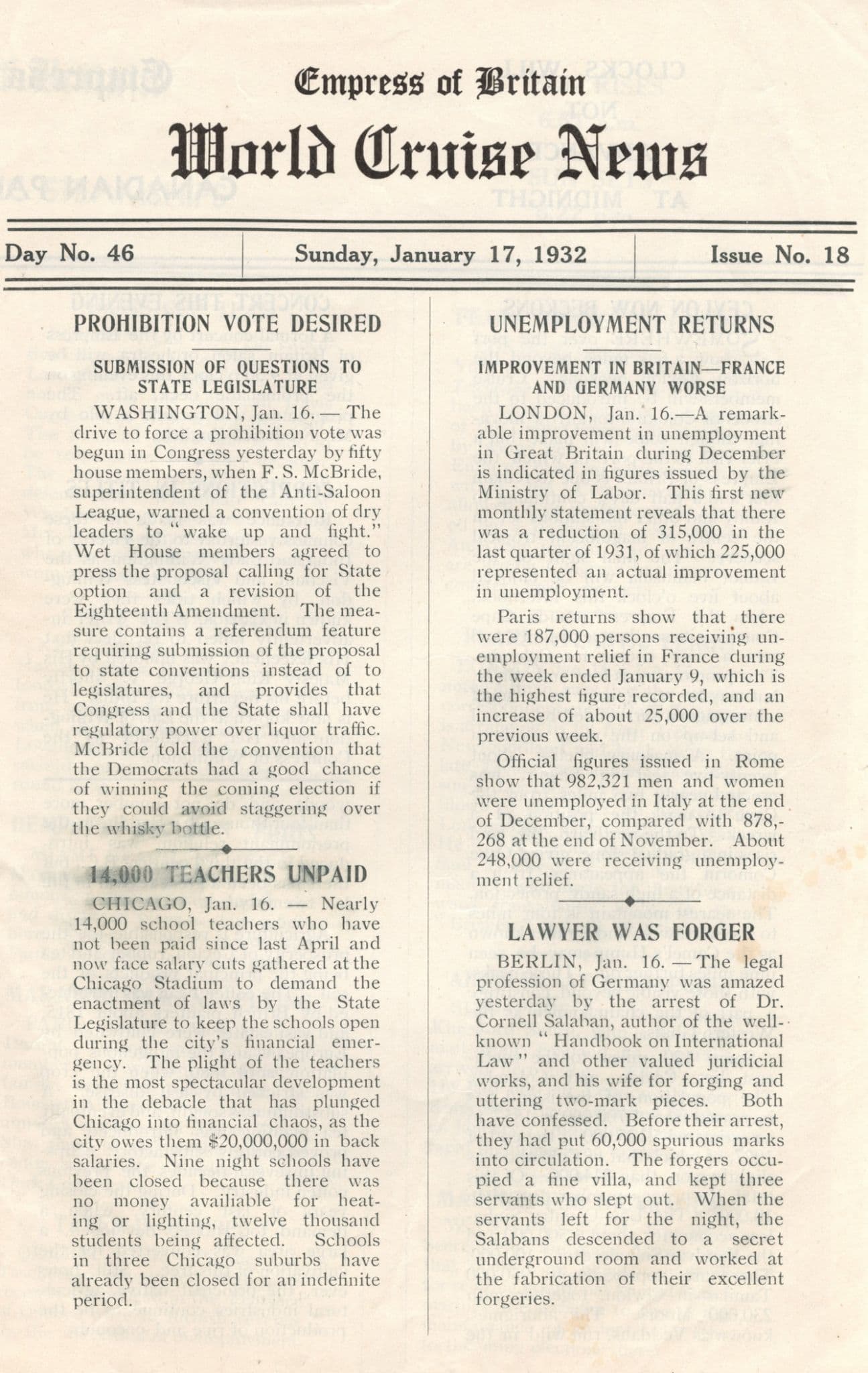 Empress Of Britain Ship 17th January 1932 Old News Guide Washington Politics