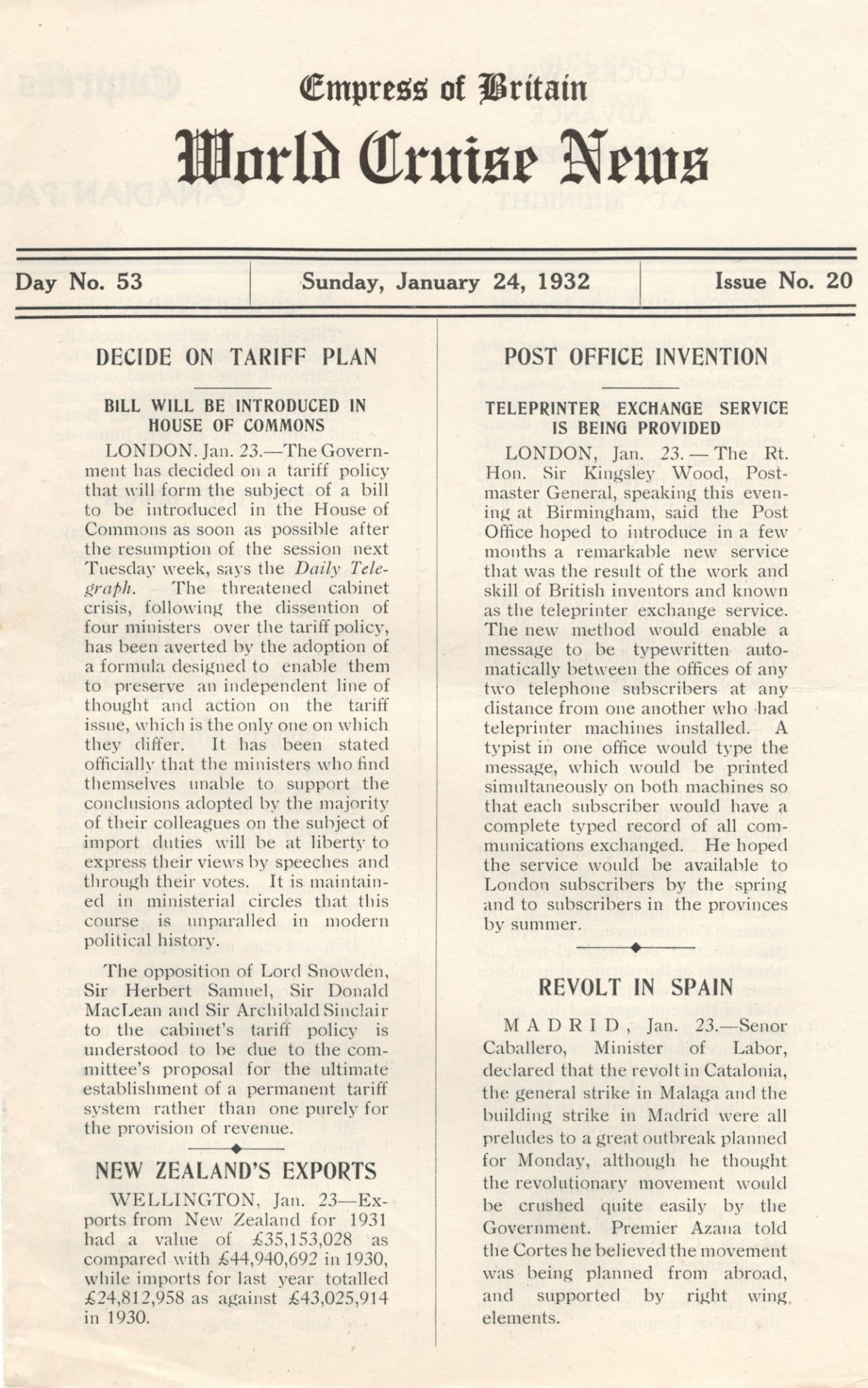 Empress Of Britain Ship 24th January 1932 Old News Guide Spanish Revolt