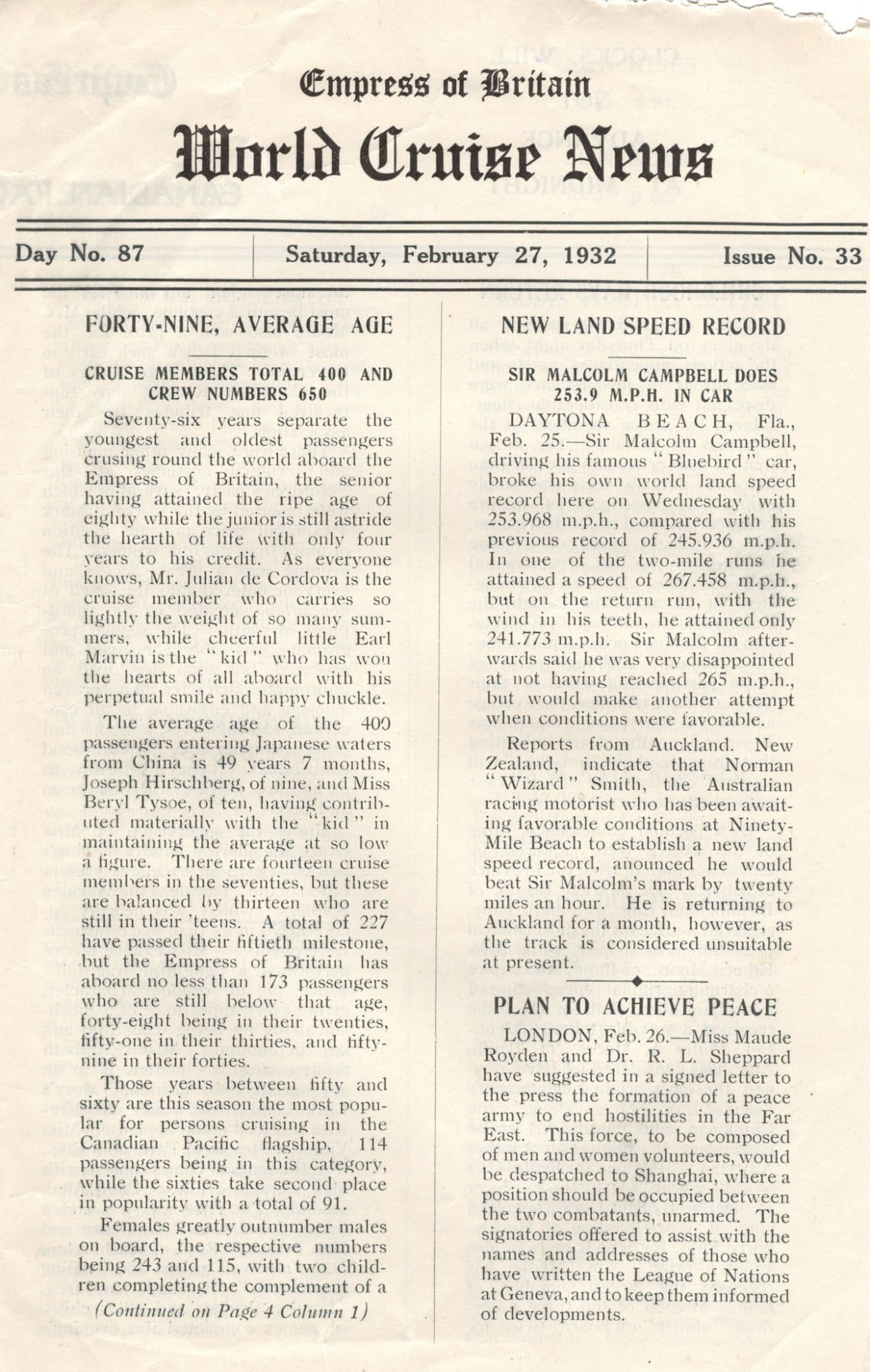 Empress Of Britain Ship 27th February 1932 Old News Guide Bluebird Car