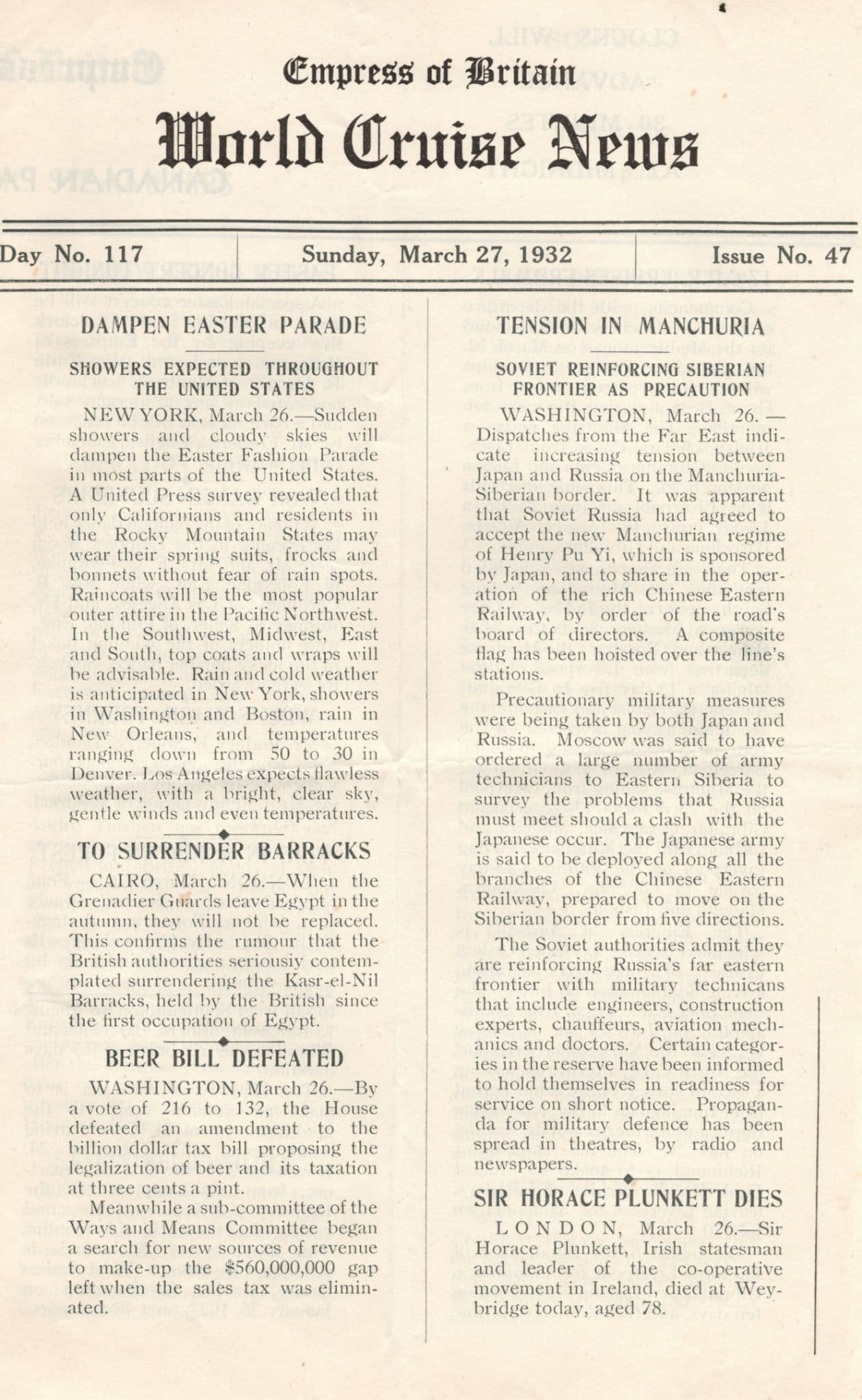 Empress Of Britain Ship 27th March 1932 Old News Guide Manchuria Soviet