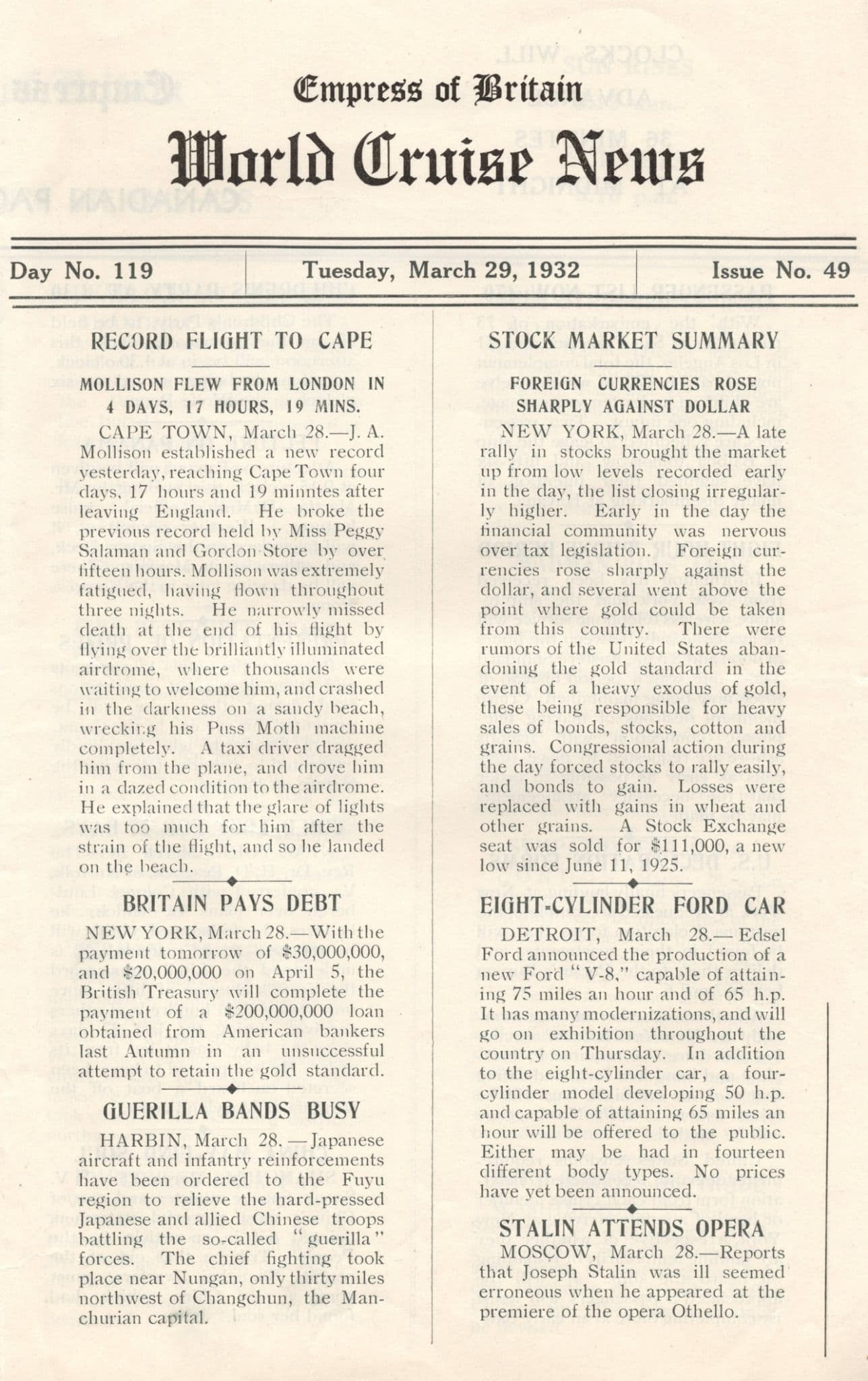 Empress Of Britain Ship 29th March 1932 Old News Guide Record Air Flight