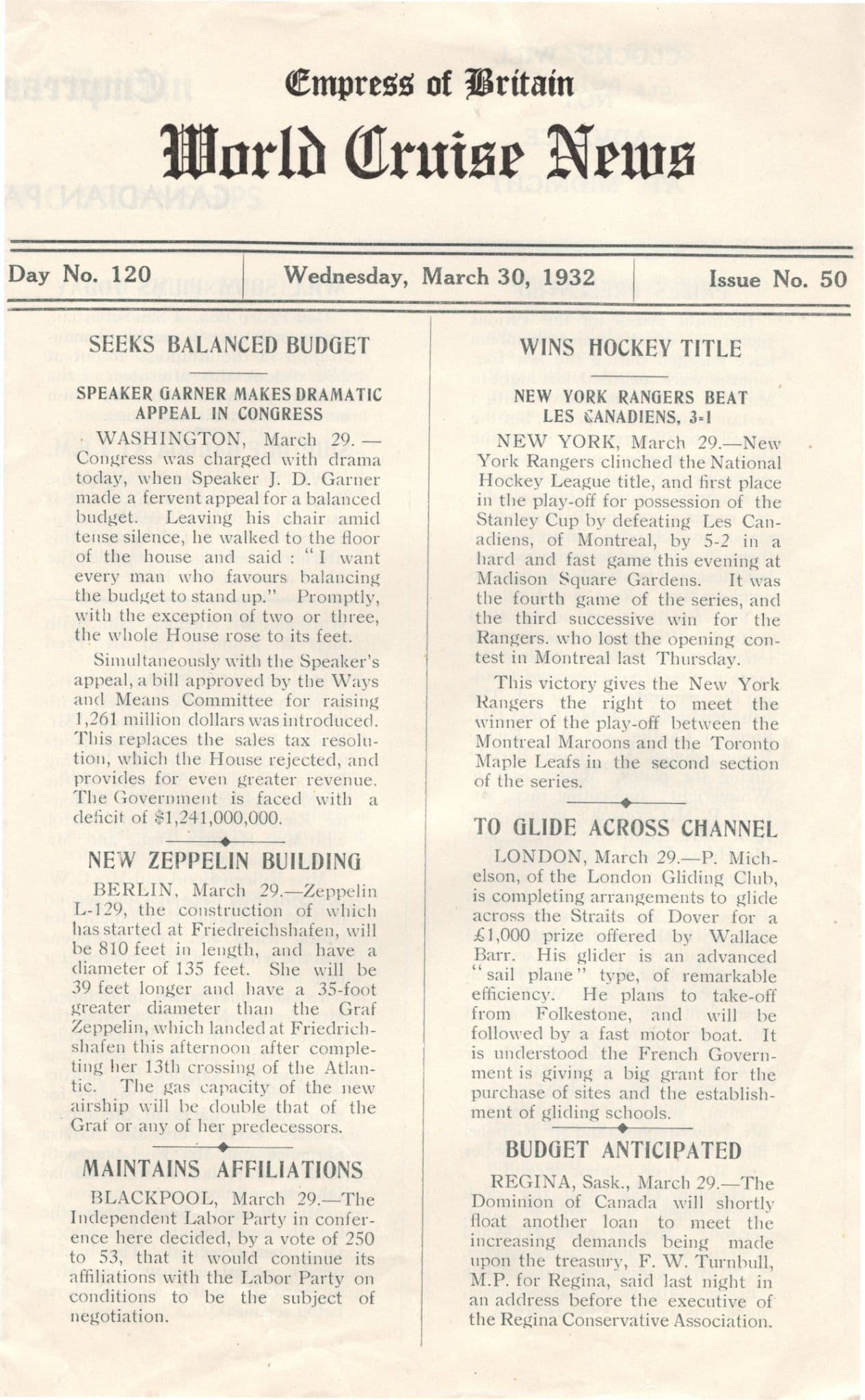 Empress Of Britain Ship 30th March 1932 News Guide New York Rangers Hockey