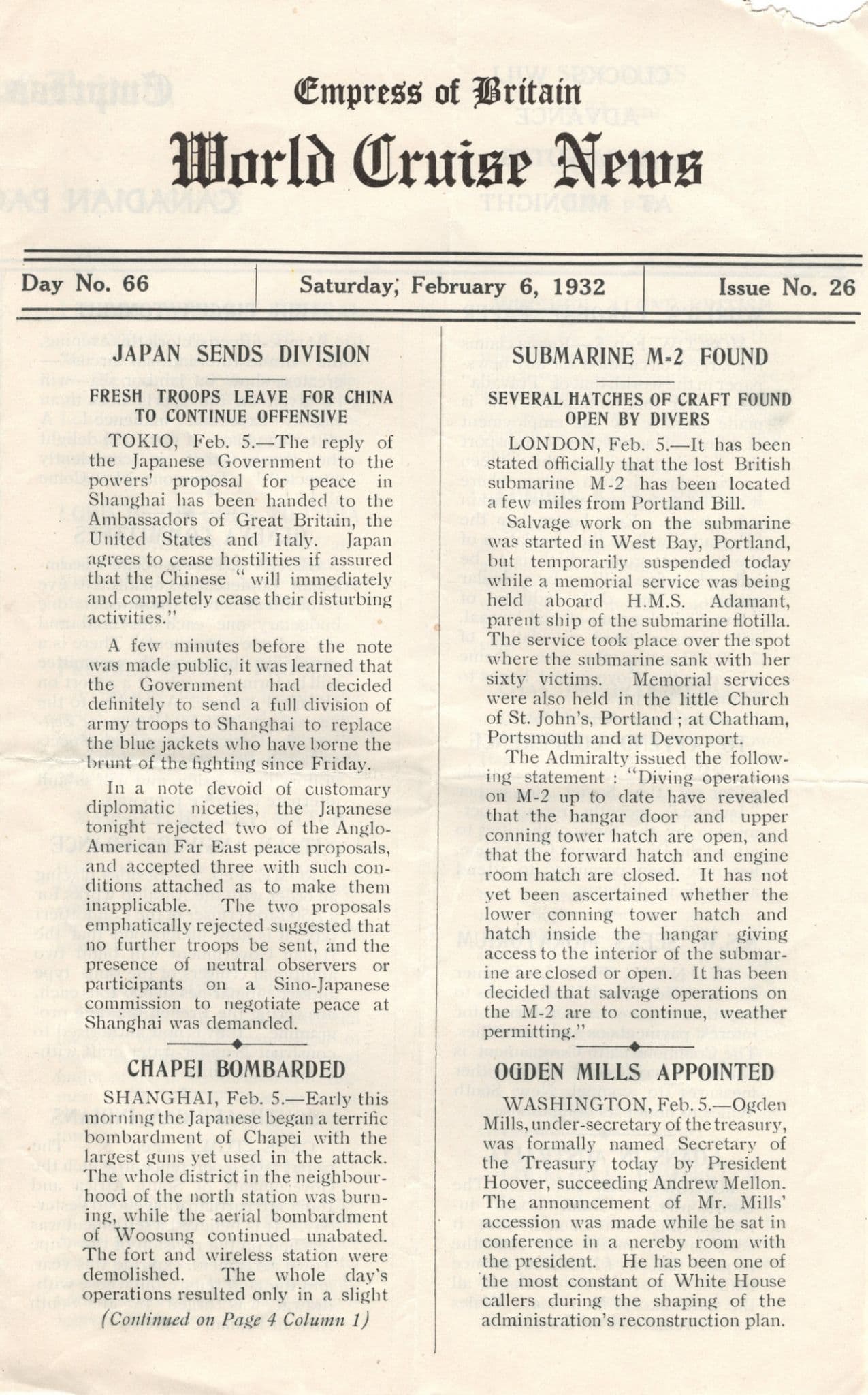 Empress Of Britain Ship 6th February 1932 Old News Guide M2 Submarine Found