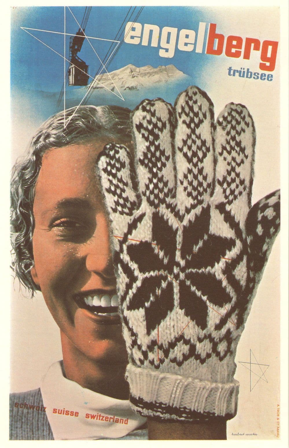 Engelberg Trubsee Wool Knitted Gloves Luftseilbahn 1935 Swiss Poster Postcard