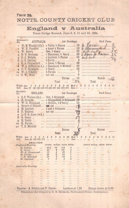 England Vs Australia Antique 1934 Ashes Cricket Score Card