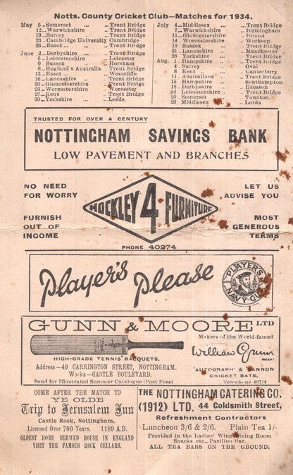 England Vs Australia Antique 1934 Ashes Cricket Score Card