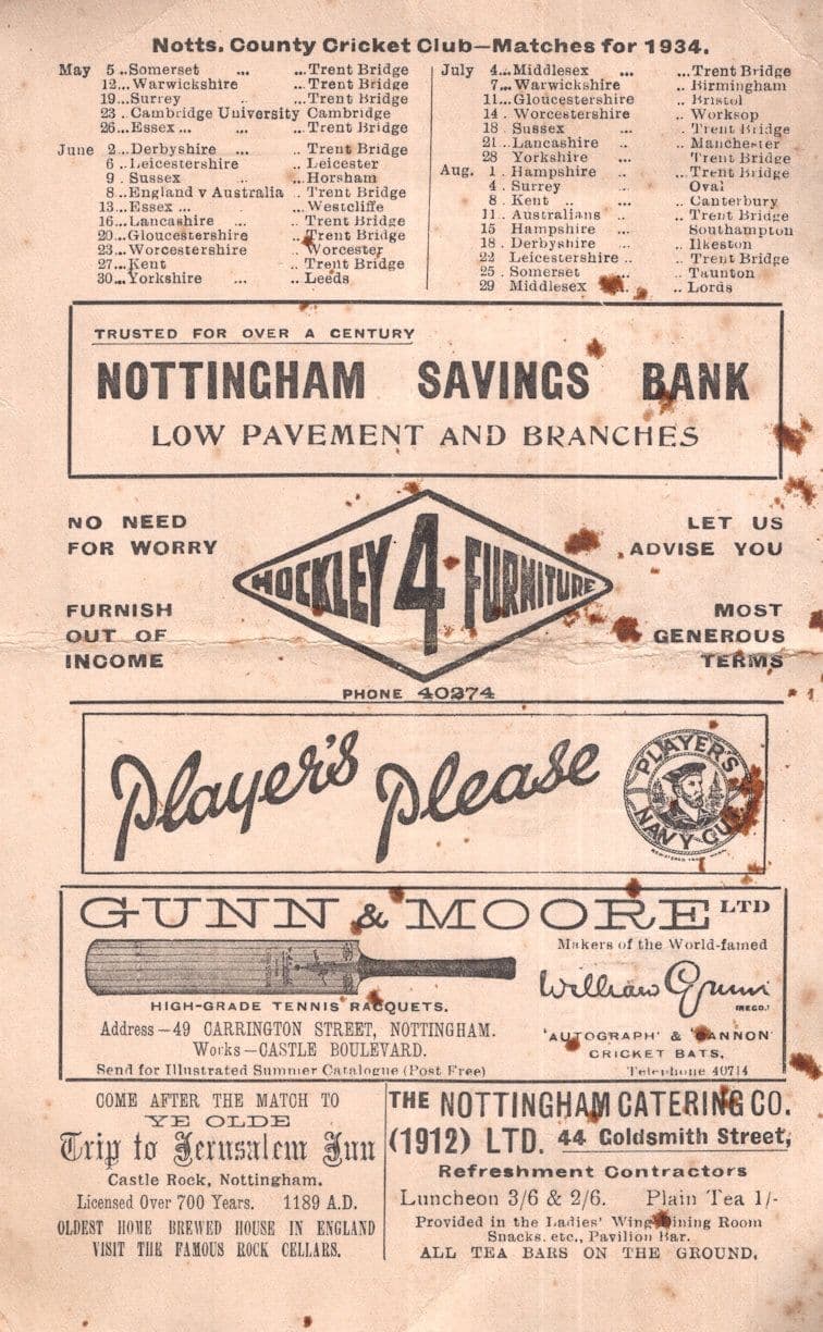 England Vs Australia Antique 1934 Ashes Cricket Score Card