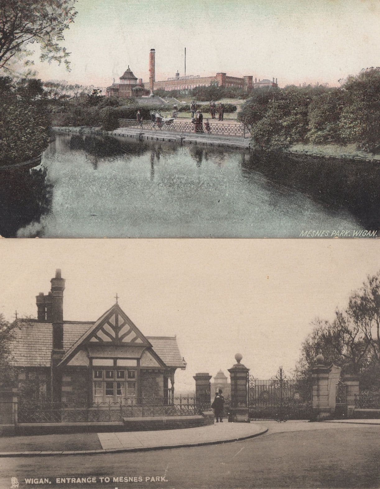 Entrance To Mesnes Park 2x Antique Wigan Postcard s