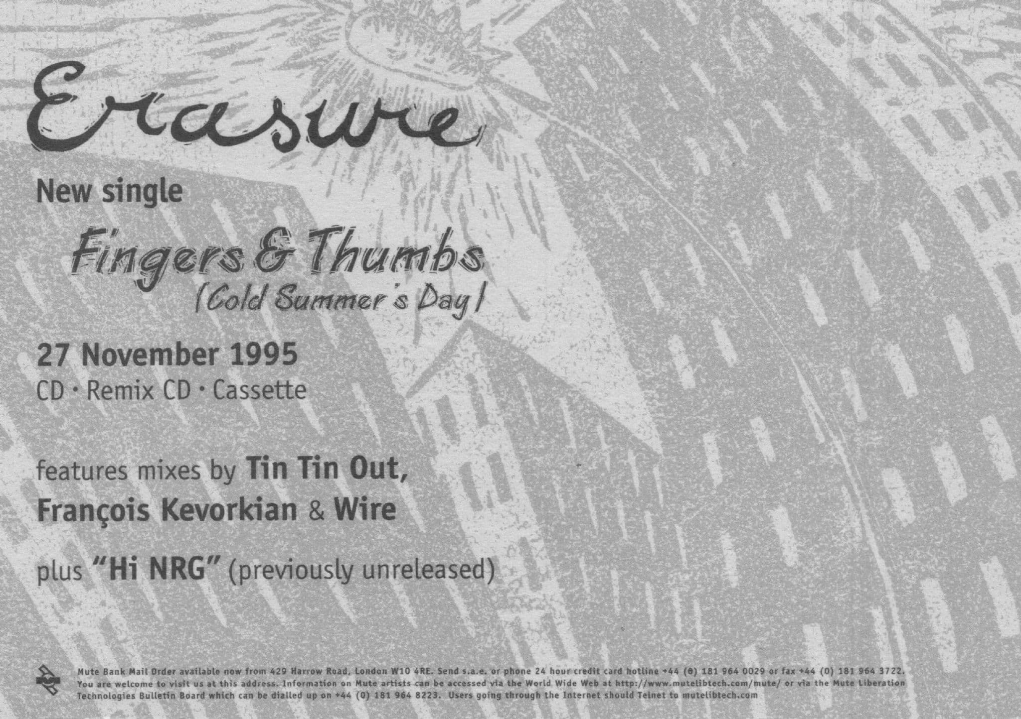 Erasure Fingers & Thumbs Music CD Album Launch Advertising Postcard