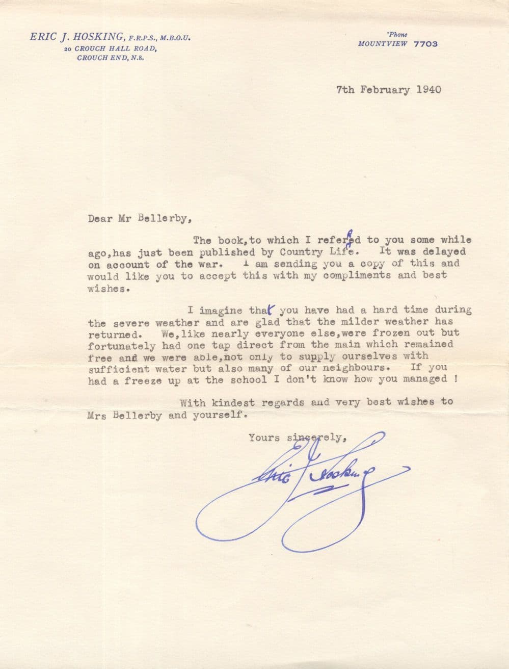 Eric Hosking Historic London Bird Photographer WW2 Hand Signed Letter