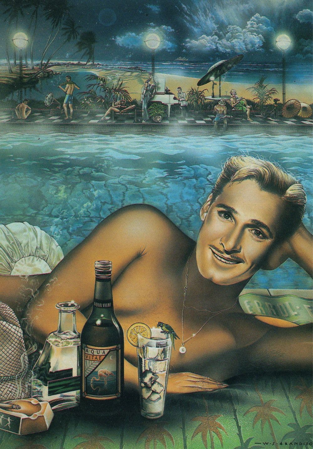 Errol Flynn at Swimming Pool Comic Artist Rare Postcard