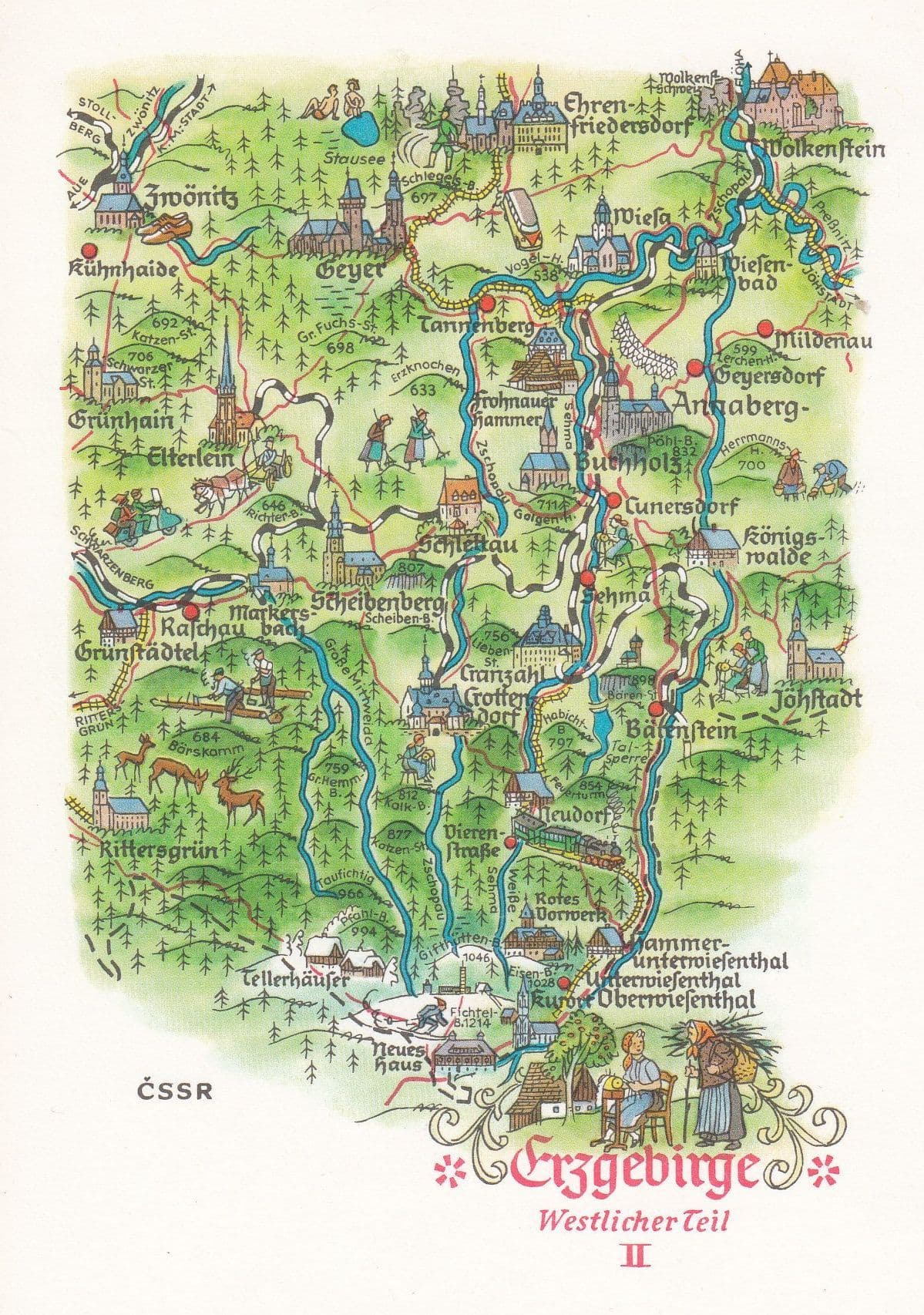 Erzebirge Ore Mountain Range Bohemian Border German Germany Map Postcard