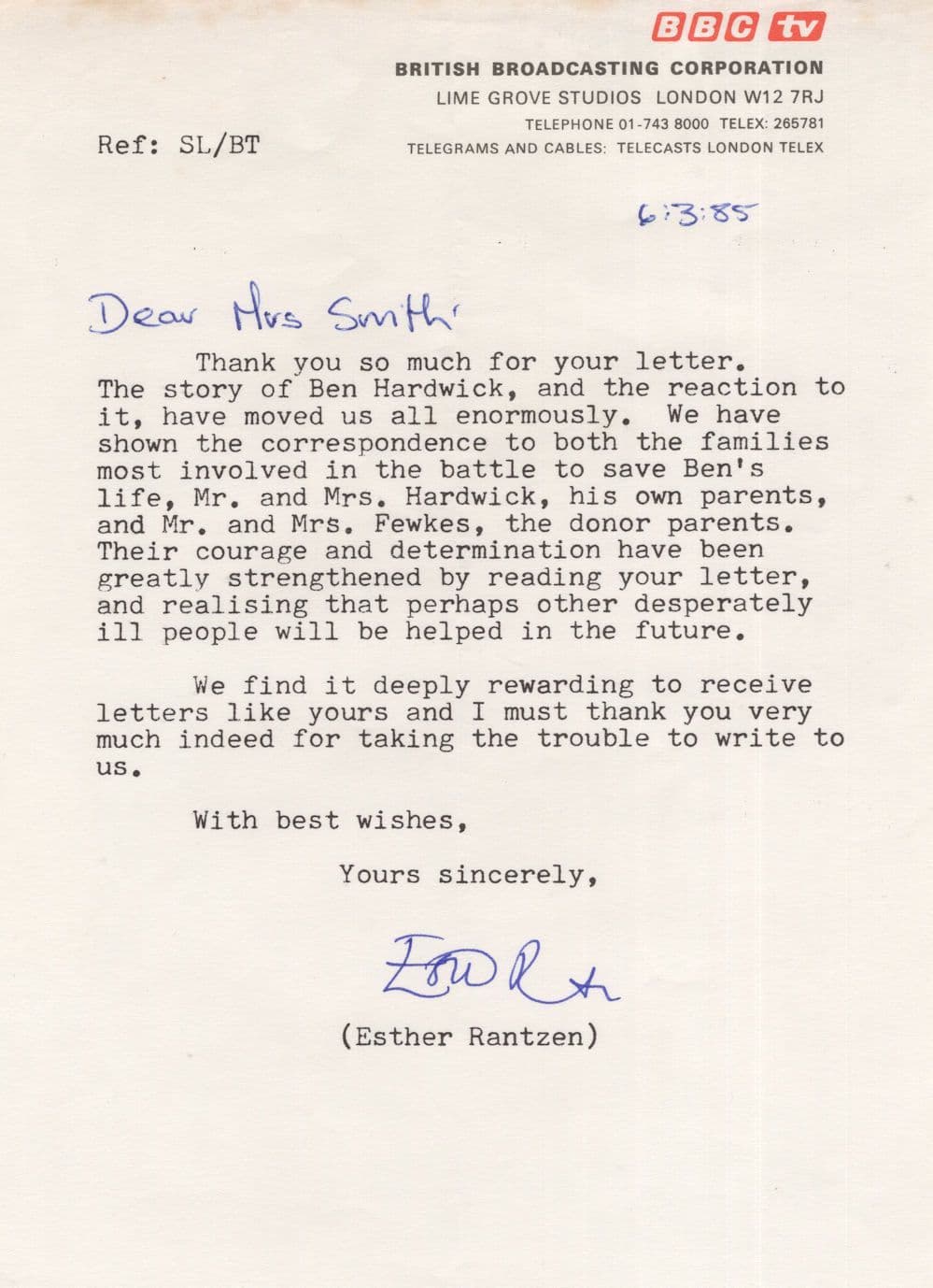 Esther Rantzen First Liver Transplant Thats Life BBC Hand Signed Letter