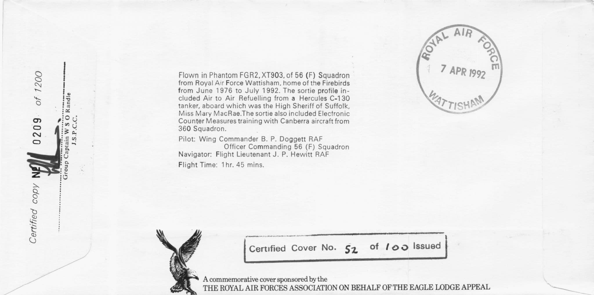 Europa Europe 1992 BF Doggatt Military Squadrons Of The Royal Air Force Hand Signed FDC