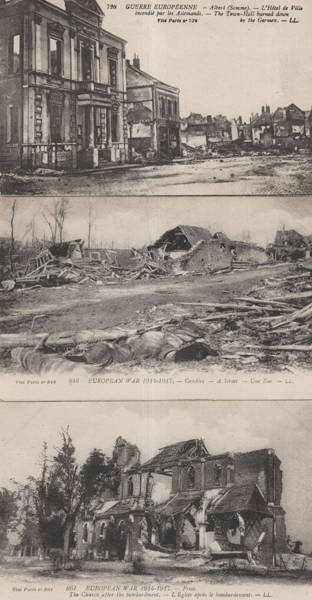 European War WW1 Frise Eglise Combles Hotel 3x Bombardment Postcard s