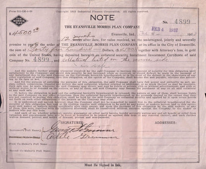 Evansville Morris Plan Company USA 1922 Old Loan Letter