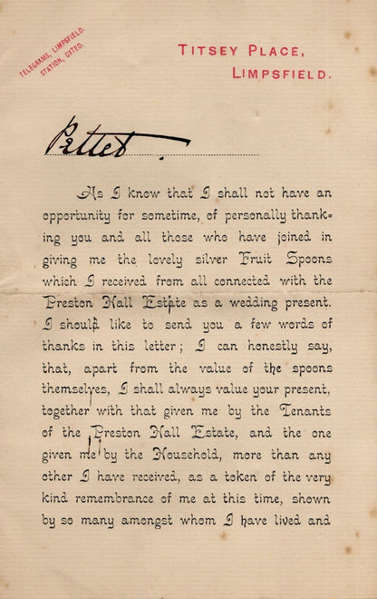 Evelyn Leveson Gower Countess Limpsfield Surrey Victorian Hand Signed Letter