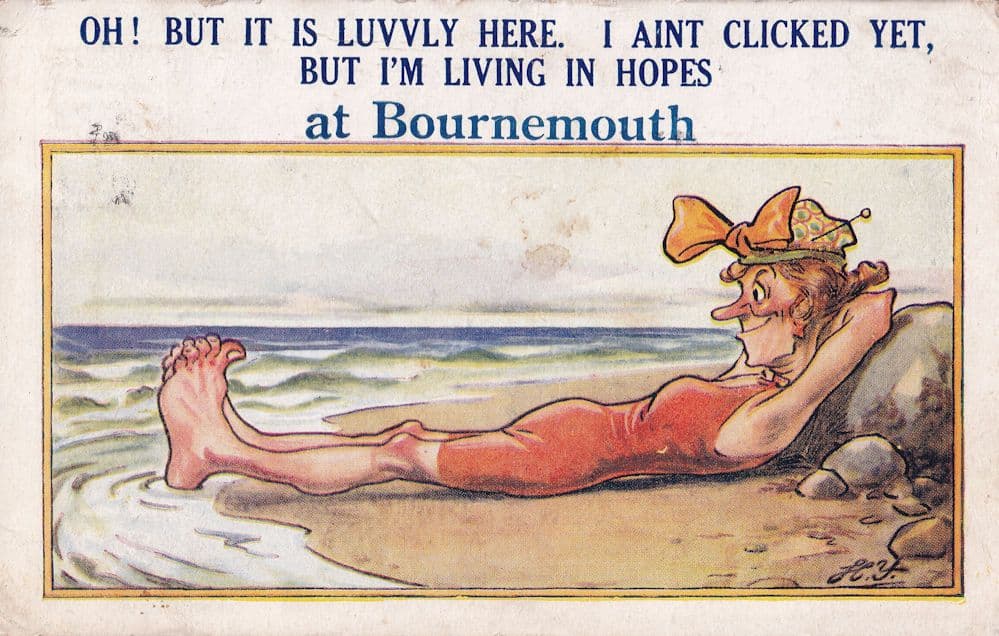 Evil Old Lady Sunbathing at Bournemouth Old Comic Postcard