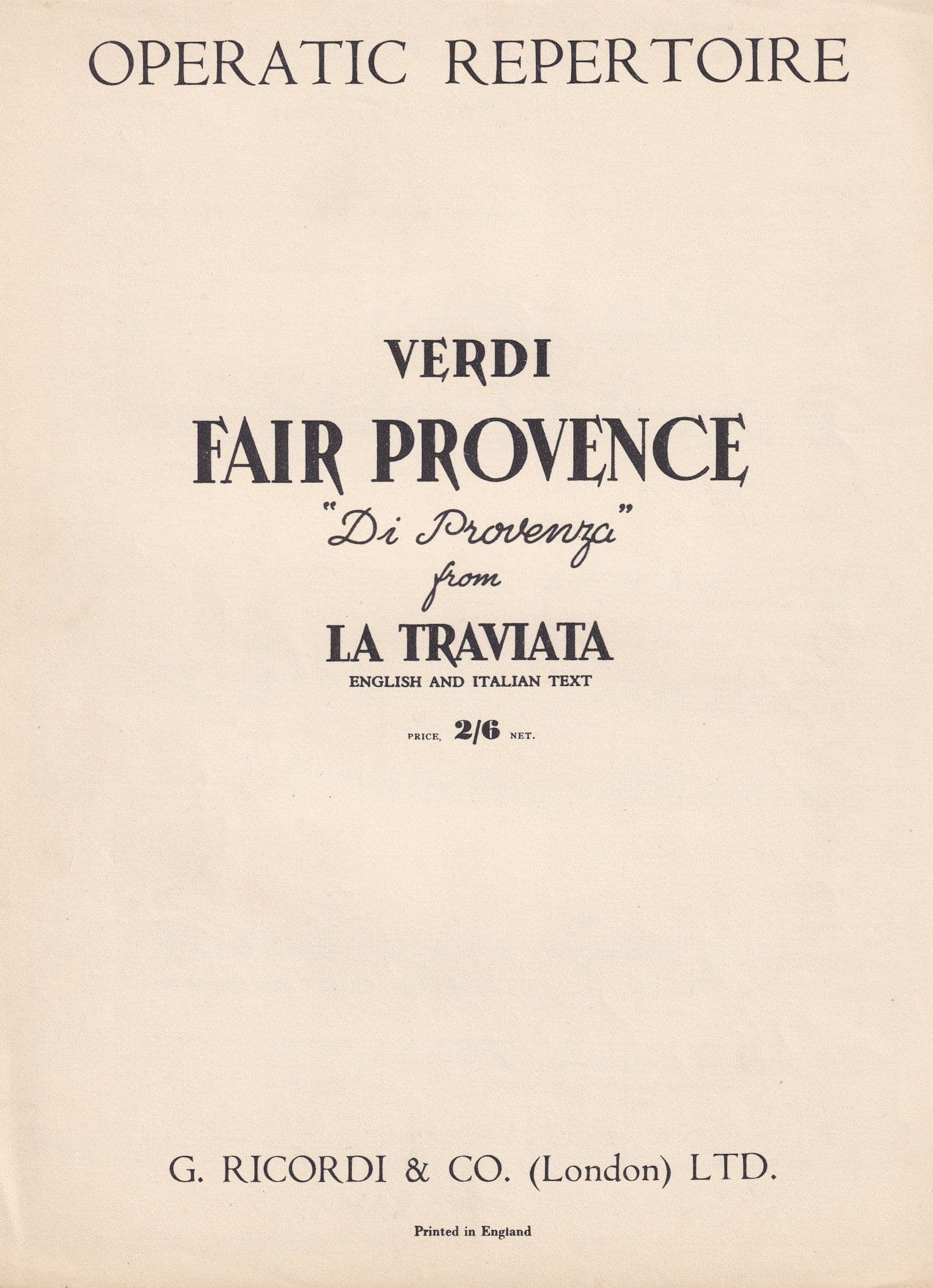 Fair Provence La Traviata Verdi Olde Sheet Music