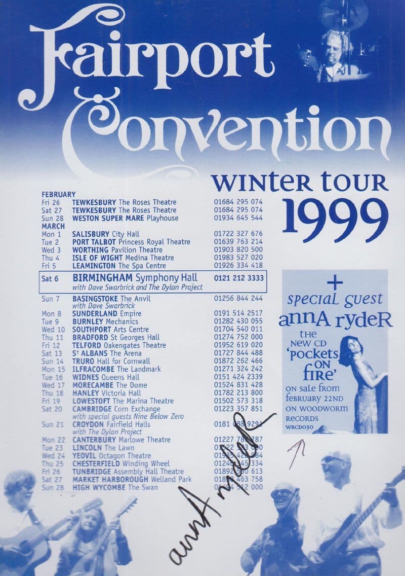 Fairport Convention Anna Ryder Live In Concert 1999 Hand Signed Concert Flyer