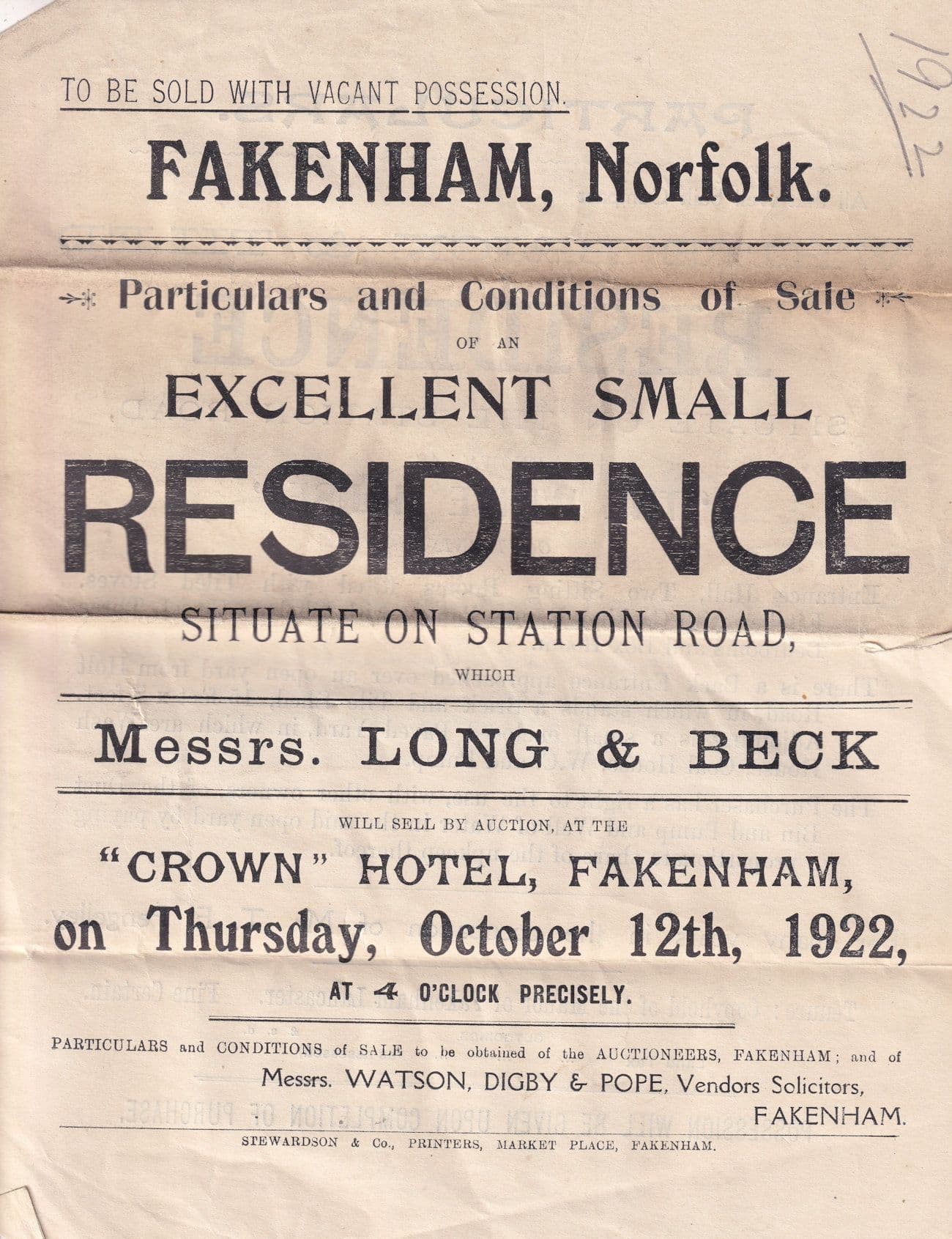 Fakenham The White House 1922 Antique Crown Hotel Ephemera